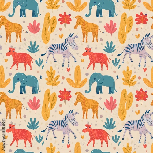 a pattern featuring exotic animals like zebras  giraffes  and elephants 