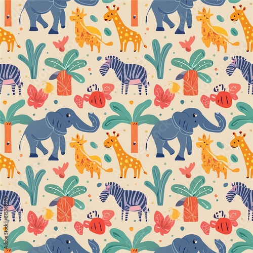 a pattern featuring exotic animals like zebras  giraffes  and elephants 