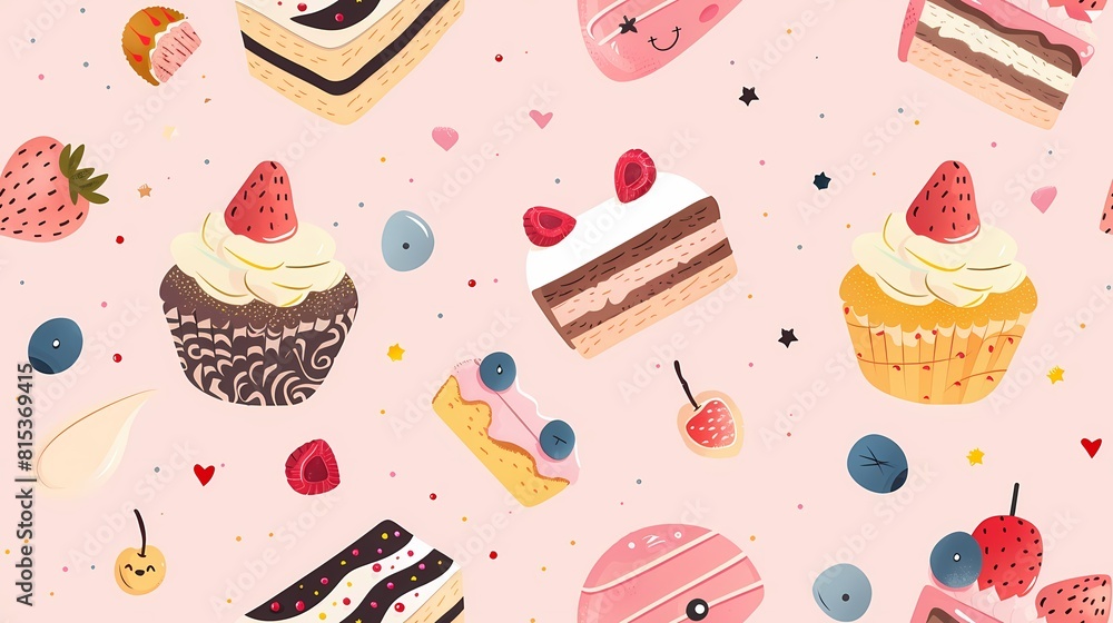 A sweet pattern of desserts and fruits on a pink background A sweet pattern of desserts and fruits on a pink background