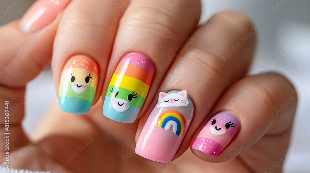 Naklejka premium Close-up Aesthetic manicure, Cute cartoon manicure