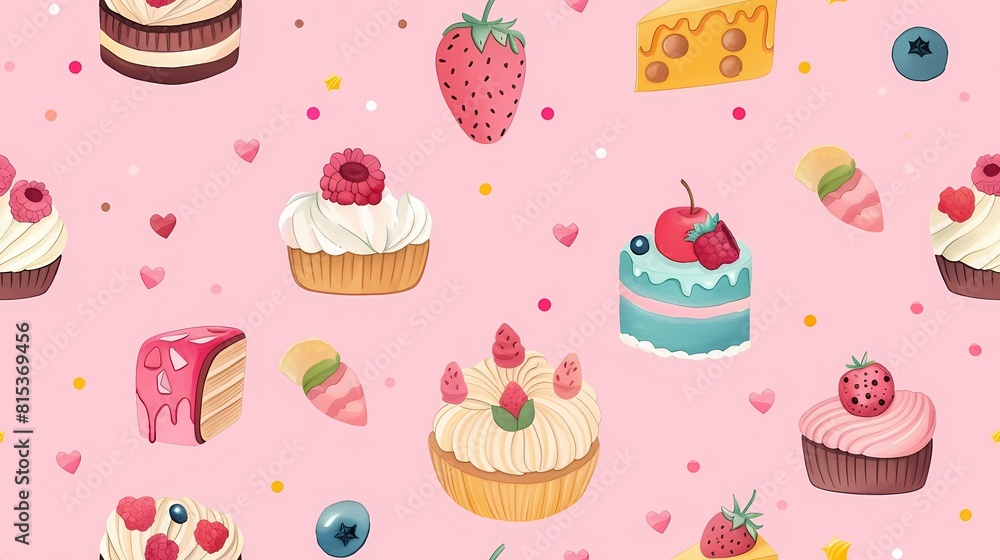 A sweet pattern of desserts and treats on a pink background A sweet pattern of desserts and treats on a pink background