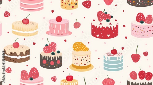 A sweet pattern of various delicious and colorful cakes