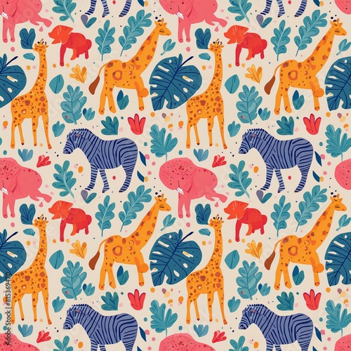 a pattern featuring exotic animals like zebras  giraffes  and elephants 