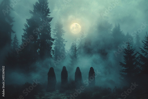 Witches gathering capture of a secretive meeting in a moonlit clearing, copy space, supernatural theme, ethereal, Multilayer, forest clearing photo