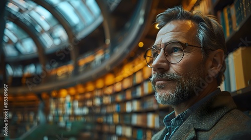 Close up of man in futuristic library with business and money books