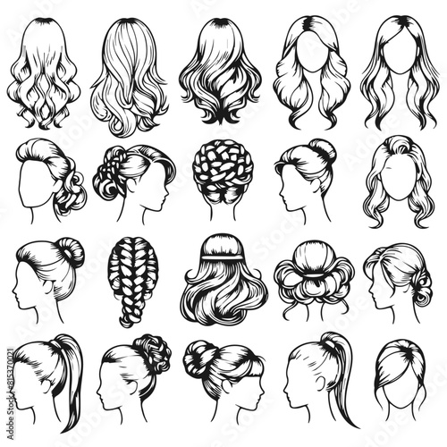 Beautiful women hairstyles set vector silhouette isolated on white background