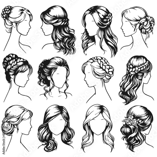 Beautiful women hairstyles set vector silhouette isolated on white background