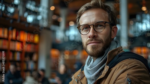 Close up of man in futuristic library with business and money books