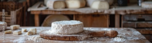 Crafting artisan cheese with wooden tools using raw milk in traditional methods, presenting close-up, informative content photo