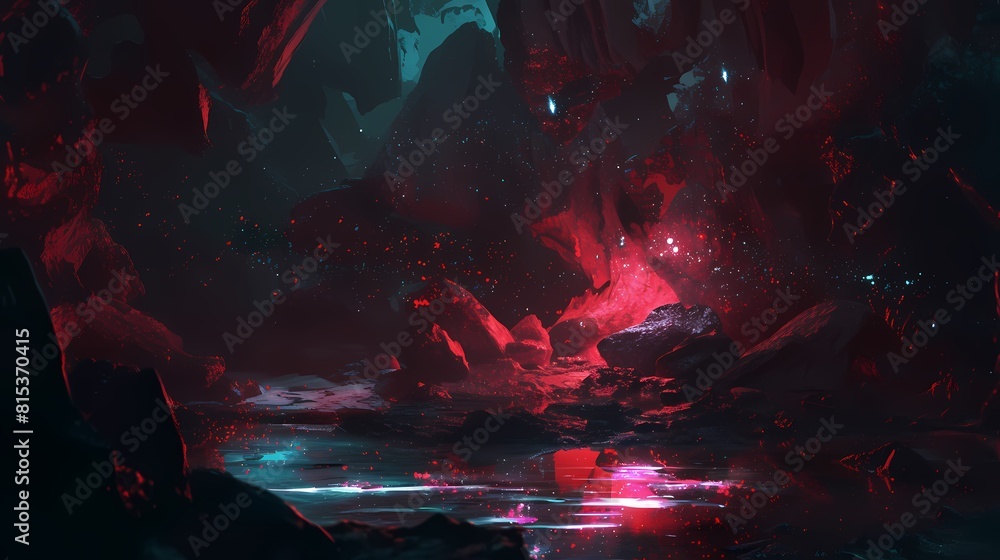 Obraz premium Digital technology rock lake night landscape poster background