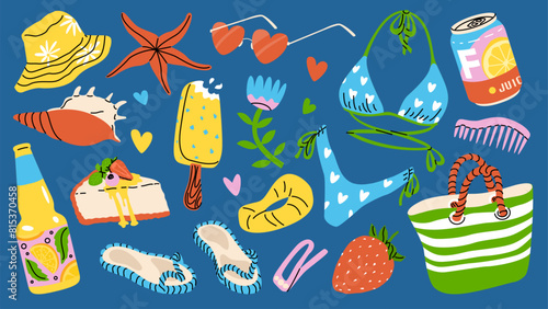Summer trendy set of stickers. Vacation icons. Beach holiday and party elements. Banner and advertising design. Vector illustration isolated on a color background.