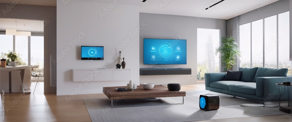 illustrate the concept of the Internet of Things with an image of a smart home, featuring various connected devices and appliances, shot from a low angle with a wide-angle lens generative AI illustrate the concept of the Internet of Things with an image of a smart home, featuring various connected devices and appliances, shot from a low angle with a wide-angle lens generative AI