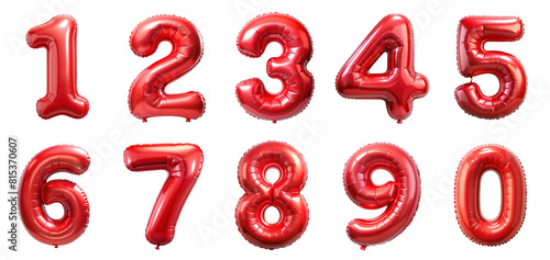 Red Foil balloons, alphabet letters and numbers. 3d realistic symbols. Festive decorations set, Golden Number Balloons 0 to 9. Foil and latex balloons. Helium balloons for anniversary and wedding