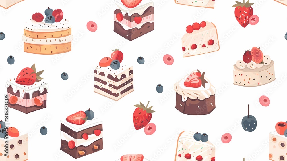 A pattern of delightful and colorful illustrated cakes and berries A pattern of delightful and colorful illustrated cakes and berries