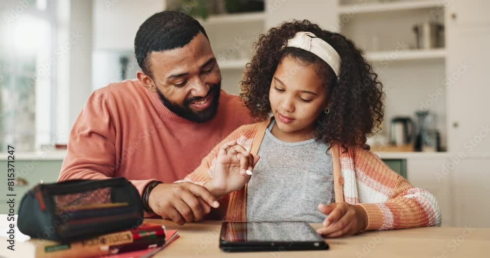 Happy father, daughter and writing with tablet for elearning, education or development at home. Dad helping child, little girl or young kid on technology for reading, literature or homework on desk Happy father, daughter and writing with tablet for elearning, education or development at home. Dad helping child, little girl or young kid on technology for reading, literature or homework on desk