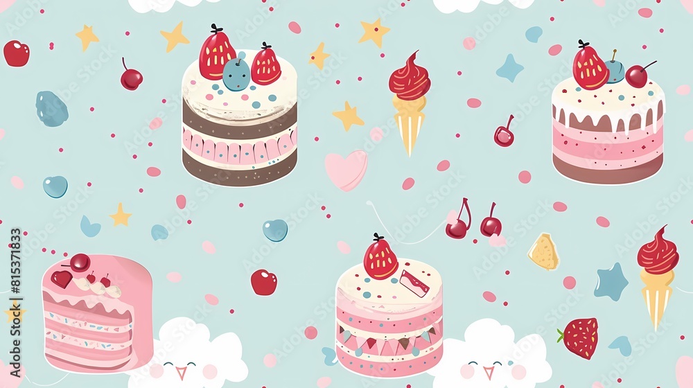A whimsical pattern of delicious treats and smiling clouds on a pastel background A whimsical pattern of delicious treats and smiling clouds on a pastel background