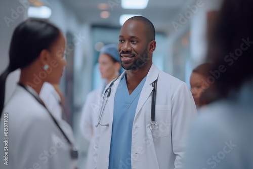 Confident african american male doctor in white coat talking to his colleagues in hospital hallway