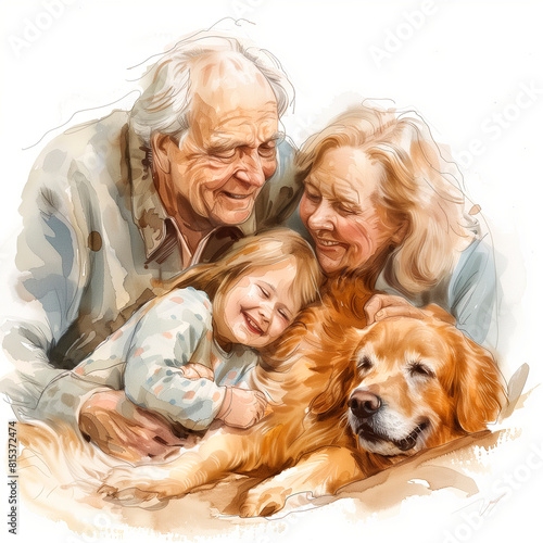 Generations Bonding: An Elderly Man, Woman, Child, and Dog