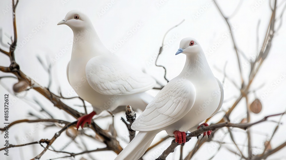 couple of white doves on the dry tree isolated on white background couple of white doves on the dry tree isolated on white background