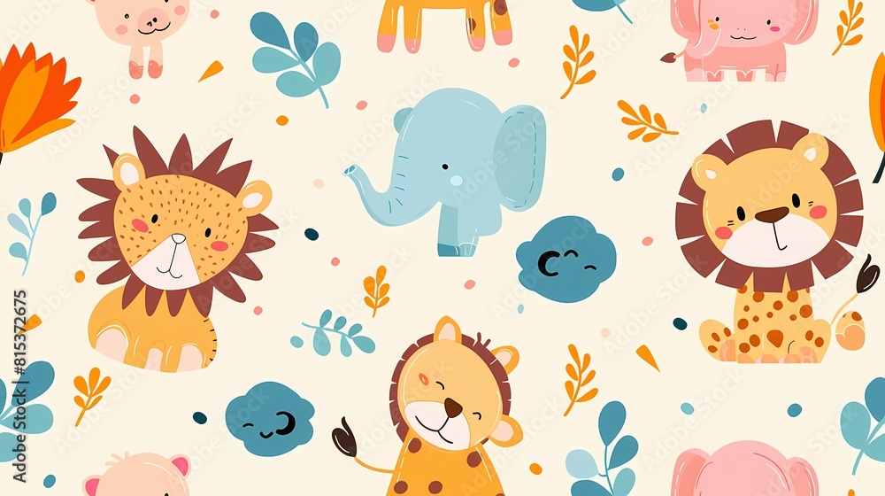 Adorable jungle animals and nature elements in a seamless pattern Adorable jungle animals and nature elements in a seamless pattern