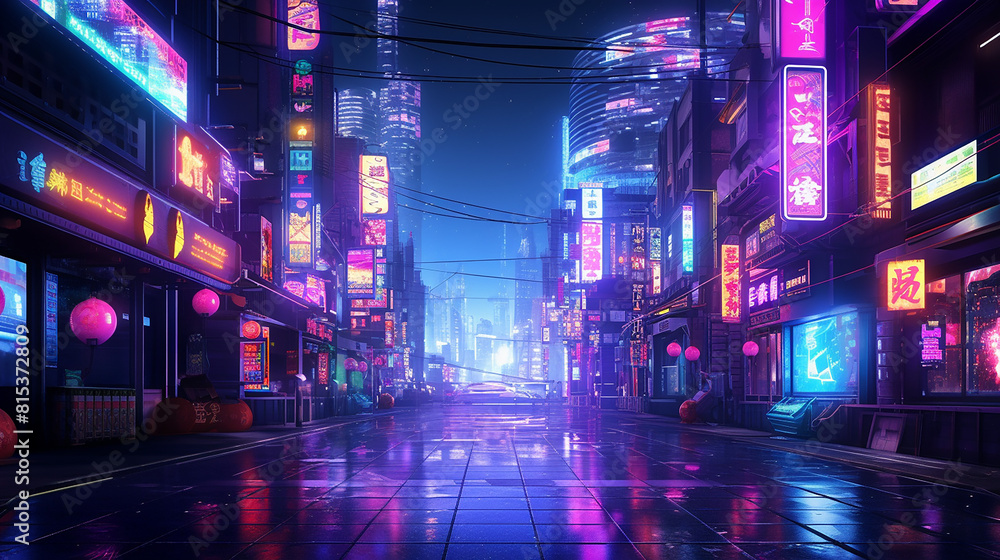A cyberpunk city street with neon lights and skyscrapers A cyberpunk city street with neon lights and skyscrapers