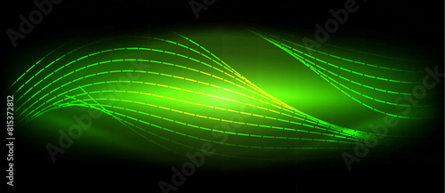 A neon green wave of terrestrial plants is illuminated by electric blue visual effect lighting in the darkness, creating a stunning art pattern. Captured in macro photography at an event