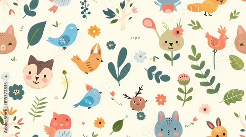 An adorable pattern of animated animals and nature elements