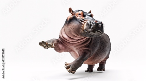 A single hippopotamus dancing hip-hop with energetic moves on a plain white background  capturing the fun and playful nature of the scene  emphasizing the contrast between the hippo and the clean back