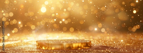 Gold podium on glitter background with golden light effect. Mockup for product presentation, luxury gold award pedestal mock up