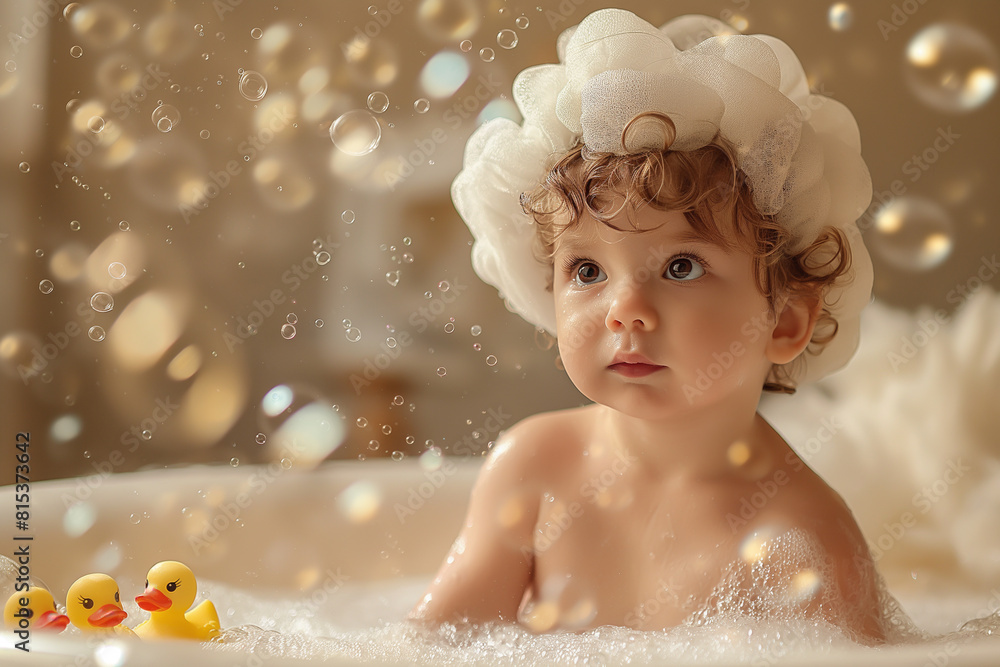 Cute baby boy taking a bubble bath and playing with rubber ducks Cute baby boy taking a bubble bath and playing with rubber ducks