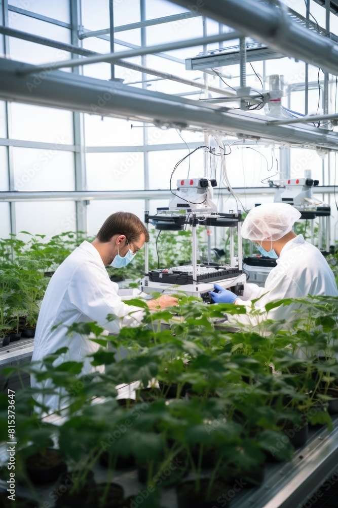 Scientists dressed in special suits with rubber gloves on hands working in modern greenhouse exploring plant growth and recording information. Research scientists plants in greenhouse Scientists dressed in special suits with rubber gloves on hands working in modern greenhouse exploring plant growth and recording information. Research scientists plants in greenhouse