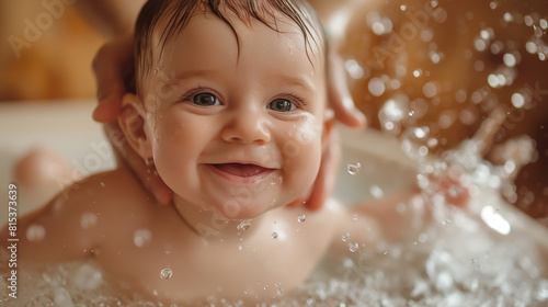 Cute happy baby taking a bath and smiling photo
