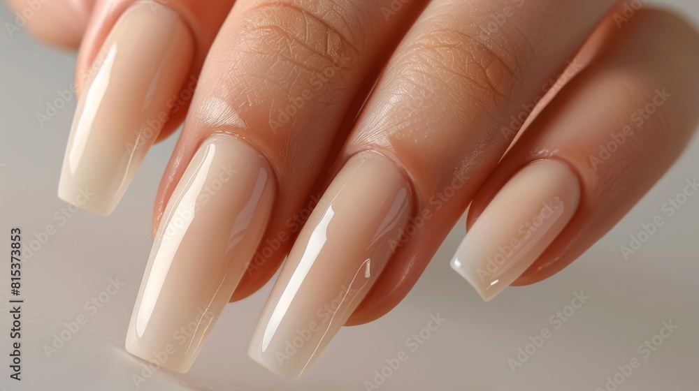 Closeup to woman hands with elegant neutral colors manicure. Beautiful nude manicure on long nails. Nude shade nail manicure with gel polish at luxury beauty salon Closeup to woman hands with elegant neutral colors manicure. Beautiful nude manicure on long nails. Nude shade nail manicure with gel polish at luxury beauty salon