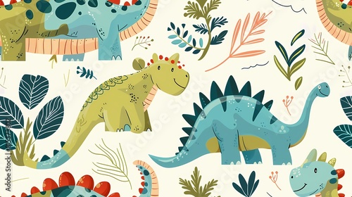 Cheerful dinosaur illustrations in a playful colorful jungle setting