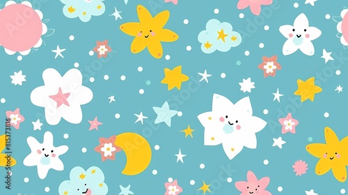 Cheerful pattern of animated stars and clouds with cute faces on blue background