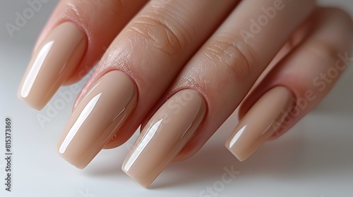 Closeup to woman hands with elegant neutral colors manicure. Beautiful nude manicure on long nails. Nude shade nail manicure with gel polish at luxury beauty salon