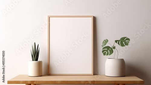 A wooden framed white picture sits on a wooden table