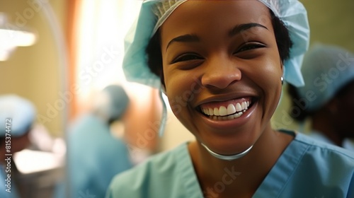 Smiling black surgeon in uniform and cap in ward after successful operation. Positive African-American doctor conducts surgery of patient in hospital. Young medical specialist in clinic photo