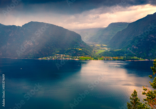 Rainy morning view of Tingvollfjorden flord, Sunndal Municipality in More og Romsdal county. Great aerial scene of Norway, Europe. Traveling concept background.. photo