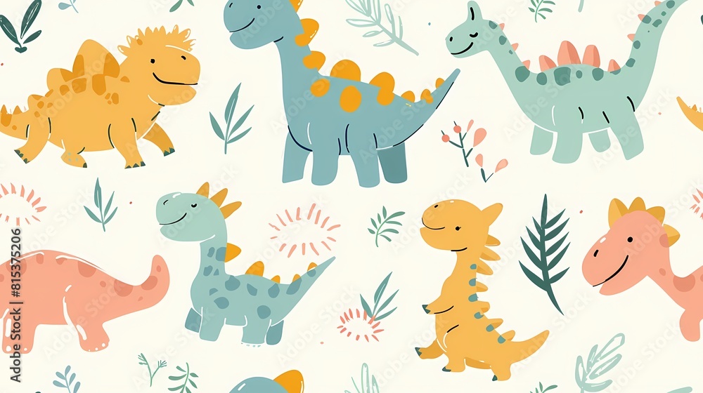 Colorful cartoon dinosaurs frolic among plants Colorful cartoon dinosaurs frolic among plants