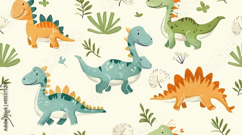 Colorful cartoon dinosaurs frolic among plants on a whimsical pattern