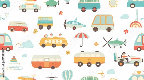 Colorful cartoon transportation and travel pattern