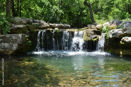 A hidden waterfall cascading into a crystal-clear pool in the heart of an enchanted forest