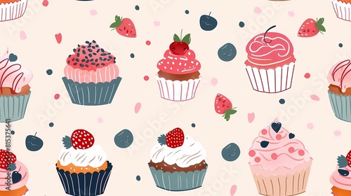 Colorful cupcakes and berries pattern on a cream background