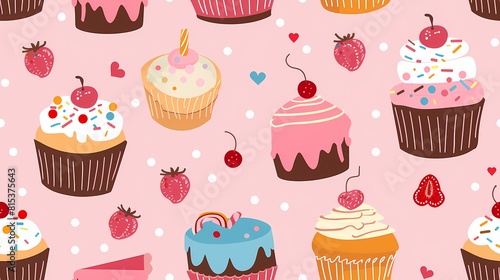 Colorful cupcakes and sweet berries on a pink backdrop