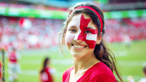 A joyful Canadian woman with her face painted in the white and red colors of the Canada flag, cheering at a football match, with a blurred stadium background. AI Generative