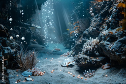 A hidden underwater grotto filled with shimmering pearls and treasures of the deep photo