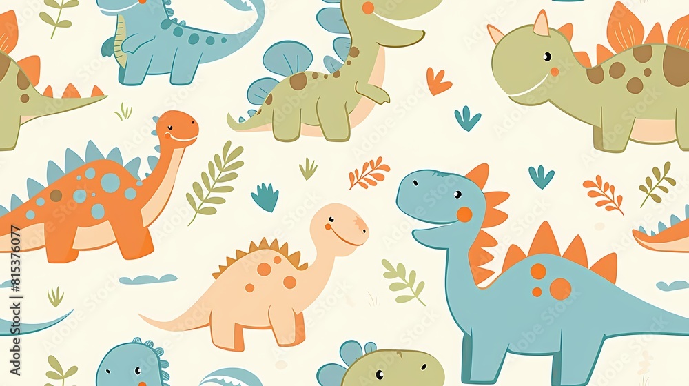 Colorful dinosaurs frolic in a playful child friendly pattern Colorful dinosaurs frolic in a playful child friendly pattern