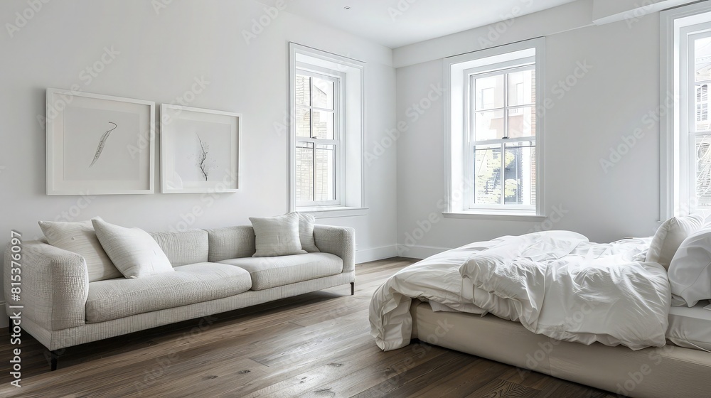 Fototapeta premium Minimalist bedroom interior with a soft bed and modern sofa isolated on a white background to create a clean aesthetic for commercial home design projects.