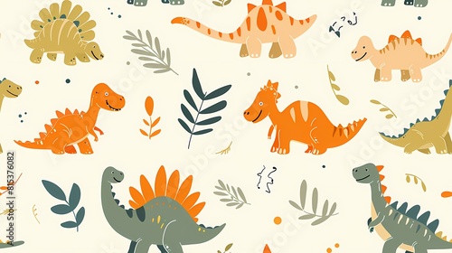 Colorful dinosaurs frolic in a whimsical pattern